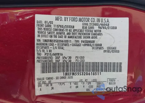 2002 Mercury Sable Ls Premium from USA, damaged, VIN 1MEFM55S32G618511